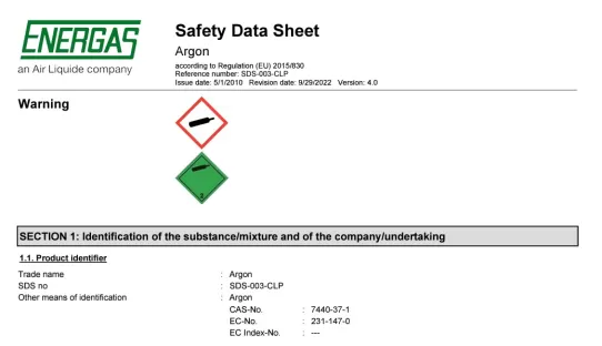 Energas Argon Safety Data Sheet